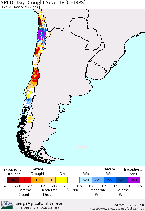 Chile SPI 10-Day Drought Severity (CHIRPS) Thematic Map For 10/26/2022 - 11/5/2022