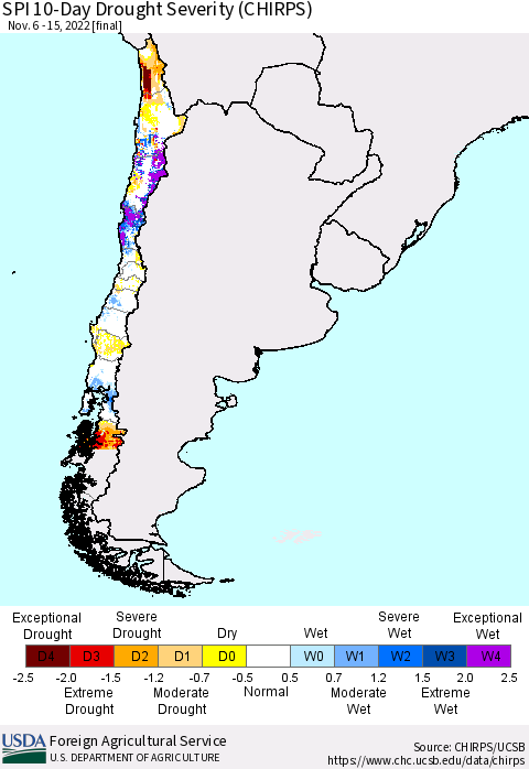 Chile SPI 10-Day Drought Severity (CHIRPS) Thematic Map For 11/6/2022 - 11/15/2022