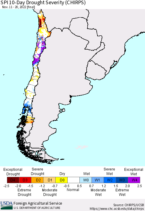 Chile SPI 10-Day Drought Severity (CHIRPS) Thematic Map For 11/11/2022 - 11/20/2022