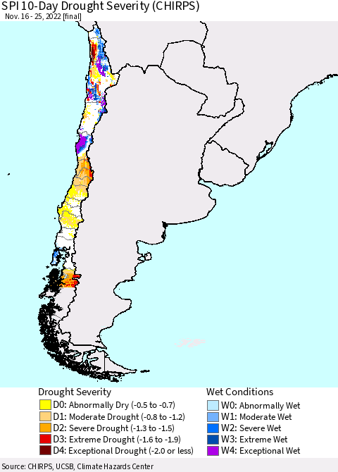 Chile SPI 10-Day Drought Severity (CHIRPS) Thematic Map For 11/16/2022 - 11/25/2022