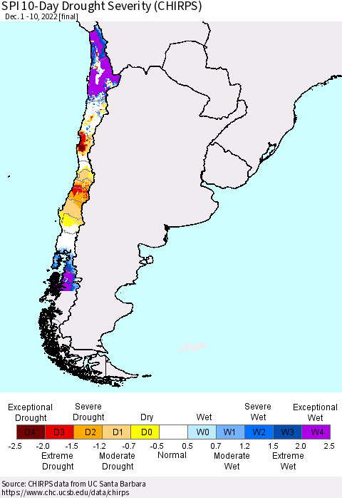 Chile SPI 10-Day Drought Severity (CHIRPS) Thematic Map For 12/1/2022 - 12/10/2022