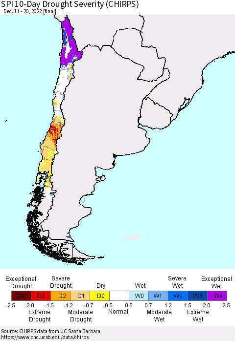 Chile SPI 10-Day Drought Severity (CHIRPS) Thematic Map For 12/11/2022 - 12/20/2022