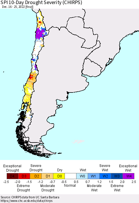Chile SPI 10-Day Drought Severity (CHIRPS) Thematic Map For 12/16/2022 - 12/25/2022