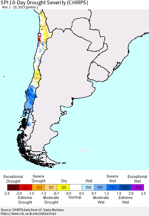 Chile SPI 10-Day Drought Severity (CHIRPS) Thematic Map For 3/1/2023 - 3/10/2023