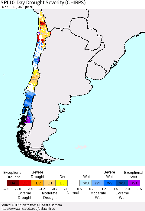 Chile SPI 10-Day Drought Severity (CHIRPS) Thematic Map For 3/6/2023 - 3/15/2023