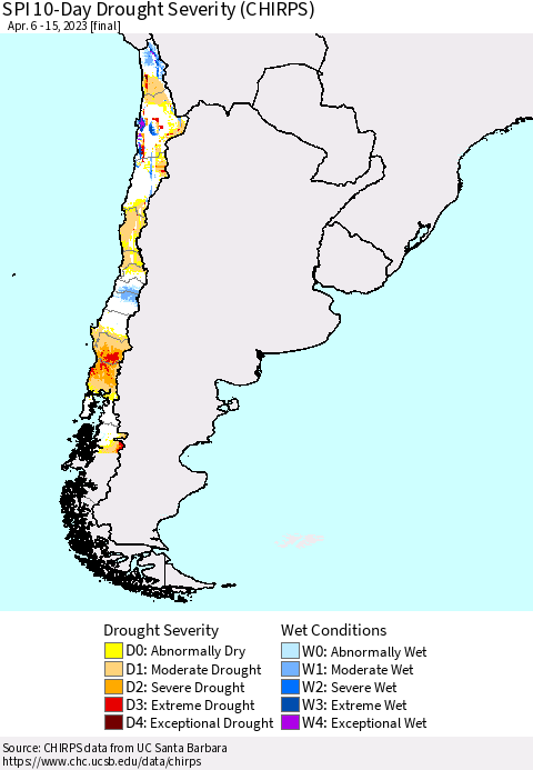 Chile SPI 10-Day Drought Severity (CHIRPS) Thematic Map For 4/6/2023 - 4/15/2023