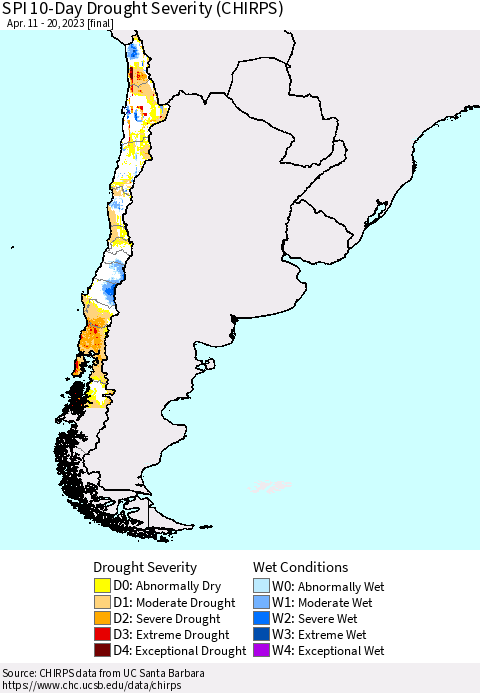 Chile SPI 10-Day Drought Severity (CHIRPS) Thematic Map For 4/11/2023 - 4/20/2023