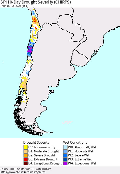 Chile SPI 10-Day Drought Severity (CHIRPS) Thematic Map For 4/16/2023 - 4/25/2023
