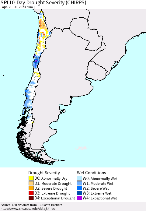 Chile SPI 10-Day Drought Severity (CHIRPS) Thematic Map For 4/21/2023 - 4/30/2023