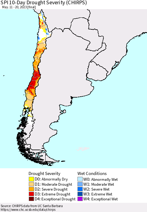 Chile SPI 10-Day Drought Severity (CHIRPS) Thematic Map For 5/11/2023 - 5/20/2023