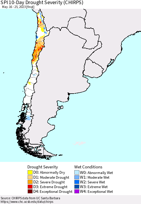 Chile SPI 10-Day Drought Severity (CHIRPS) Thematic Map For 5/16/2023 - 5/25/2023