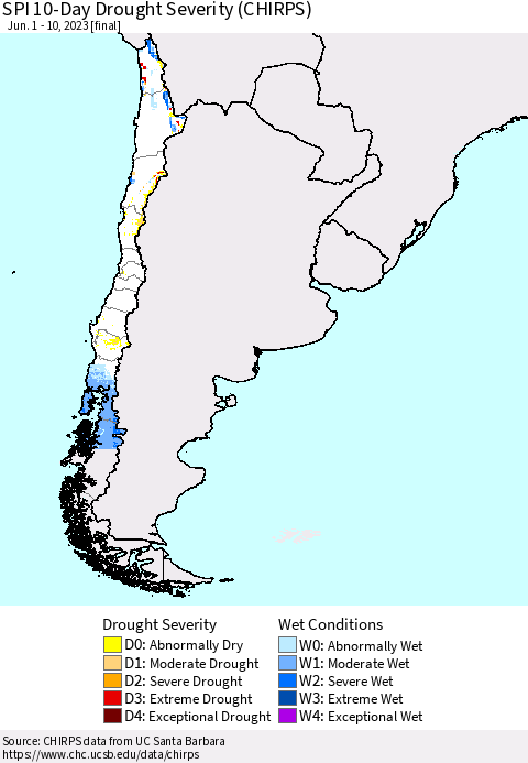Chile SPI 10-Day Drought Severity (CHIRPS) Thematic Map For 6/1/2023 - 6/10/2023