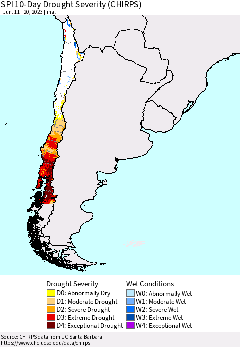 Chile SPI 10-Day Drought Severity (CHIRPS) Thematic Map For 6/11/2023 - 6/20/2023