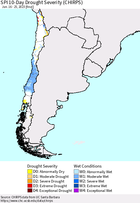 Chile SPI 10-Day Drought Severity (CHIRPS) Thematic Map For 6/16/2023 - 6/25/2023