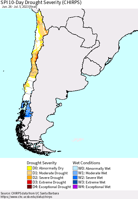 Chile SPI 10-Day Drought Severity (CHIRPS) Thematic Map For 6/26/2023 - 7/5/2023