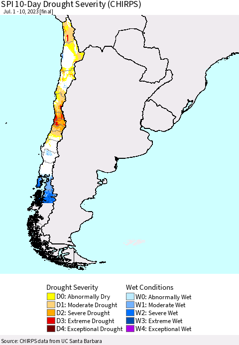 Chile SPI 10-Day Drought Severity (CHIRPS) Thematic Map For 7/1/2023 - 7/10/2023