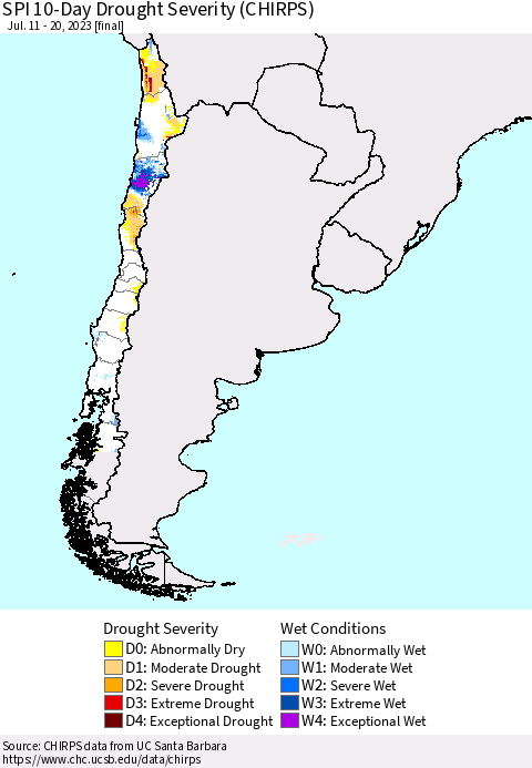 Chile SPI 10-Day Drought Severity (CHIRPS) Thematic Map For 7/11/2023 - 7/20/2023