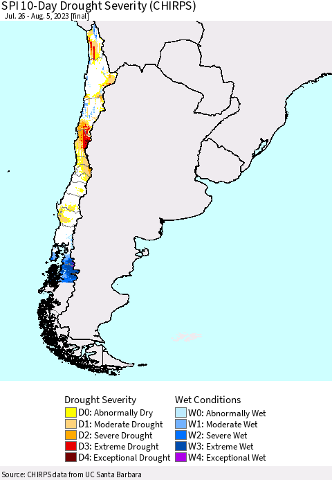 Chile SPI 10-Day Drought Severity (CHIRPS) Thematic Map For 7/26/2023 - 8/5/2023