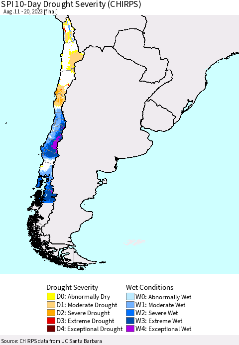 Chile SPI 10-Day Drought Severity (CHIRPS) Thematic Map For 8/11/2023 - 8/20/2023
