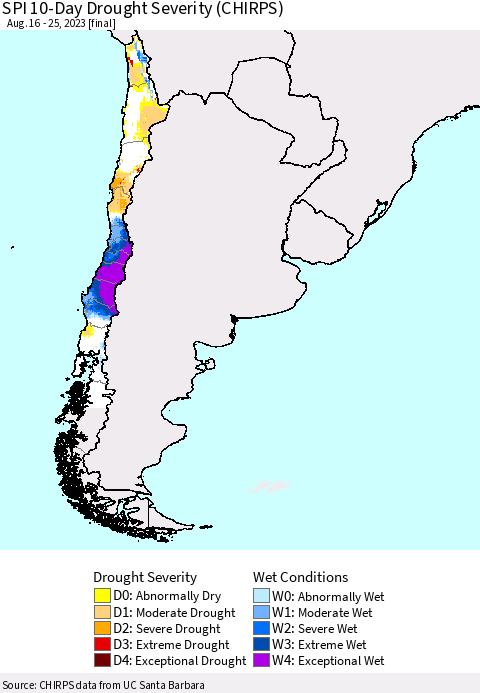 Chile SPI 10-Day Drought Severity (CHIRPS) Thematic Map For 8/16/2023 - 8/25/2023