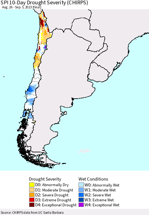 Chile SPI 10-Day Drought Severity (CHIRPS) Thematic Map For 8/26/2023 - 9/5/2023
