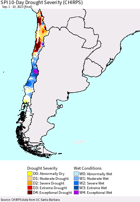 Chile SPI 10-Day Drought Severity (CHIRPS) Thematic Map For 9/1/2023 - 9/10/2023