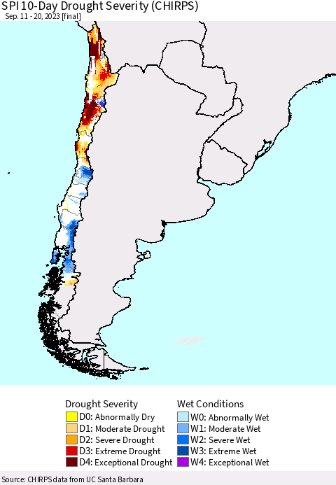 Chile SPI 10-Day Drought Severity (CHIRPS) Thematic Map For 9/11/2023 - 9/20/2023