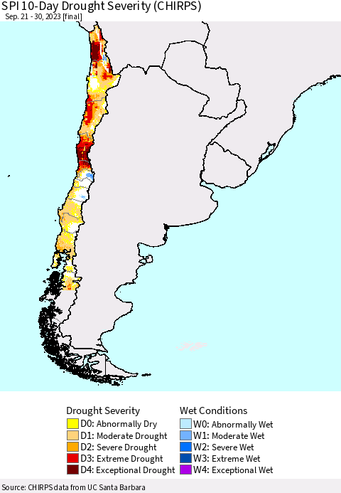 Chile SPI 10-Day Drought Severity (CHIRPS) Thematic Map For 9/21/2023 - 9/30/2023