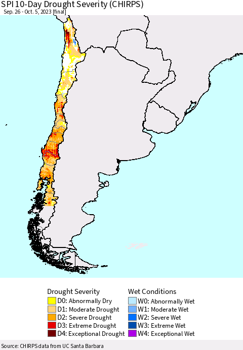 Chile SPI 10-Day Drought Severity (CHIRPS) Thematic Map For 9/26/2023 - 10/5/2023