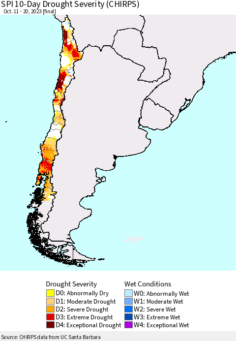 Chile SPI 10-Day Drought Severity (CHIRPS) Thematic Map For 10/11/2023 - 10/20/2023