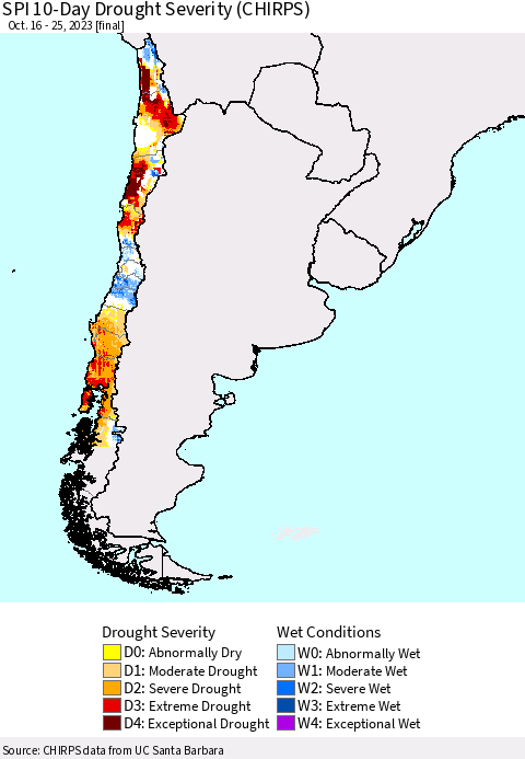 Chile SPI 10-Day Drought Severity (CHIRPS) Thematic Map For 10/16/2023 - 10/25/2023