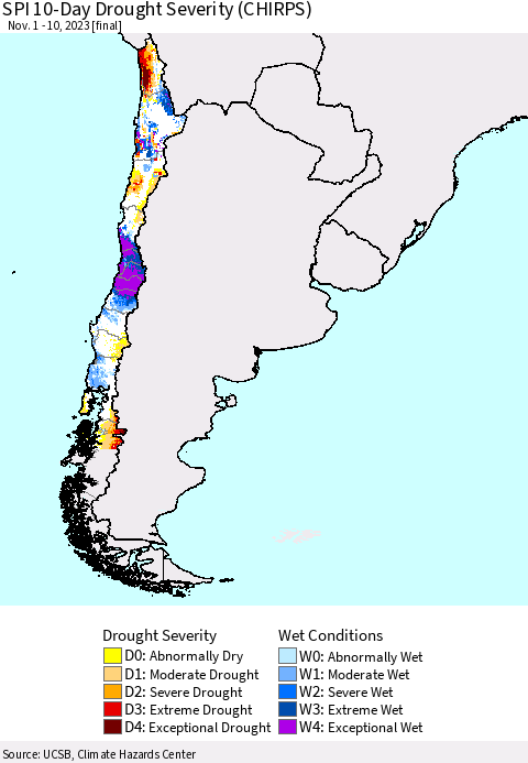Chile SPI 10-Day Drought Severity (CHIRPS) Thematic Map For 11/1/2023 - 11/10/2023