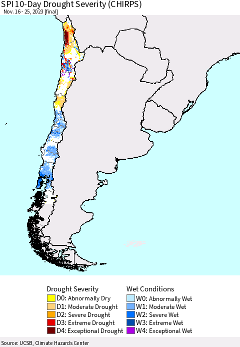 Chile SPI 10-Day Drought Severity (CHIRPS) Thematic Map For 11/16/2023 - 11/25/2023