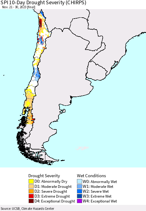 Chile SPI 10-Day Drought Severity (CHIRPS) Thematic Map For 11/21/2023 - 11/30/2023