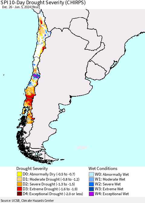 Chile SPI 10-Day Drought Severity (CHIRPS) Thematic Map For 12/26/2023 - 1/5/2024