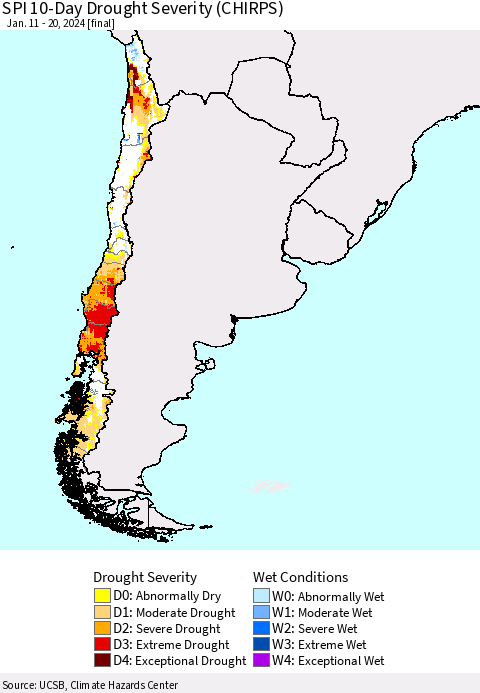 Chile SPI 10-Day Drought Severity (CHIRPS) Thematic Map For 1/11/2024 - 1/20/2024