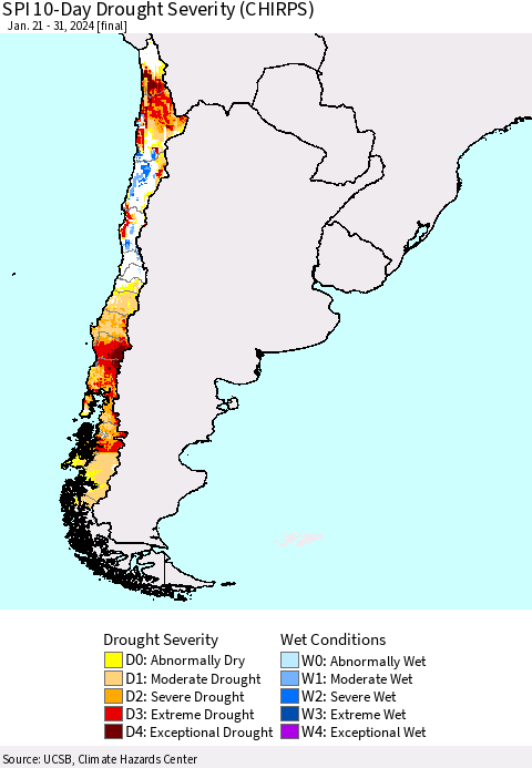Chile SPI 10-Day Drought Severity (CHIRPS) Thematic Map For 1/21/2024 - 1/31/2024