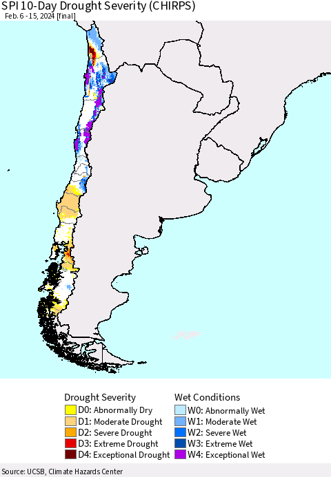 Chile SPI 10-Day Drought Severity (CHIRPS) Thematic Map For 2/6/2024 - 2/15/2024