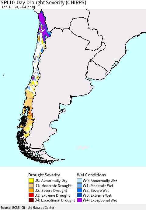 Chile SPI 10-Day Drought Severity (CHIRPS) Thematic Map For 2/11/2024 - 2/20/2024