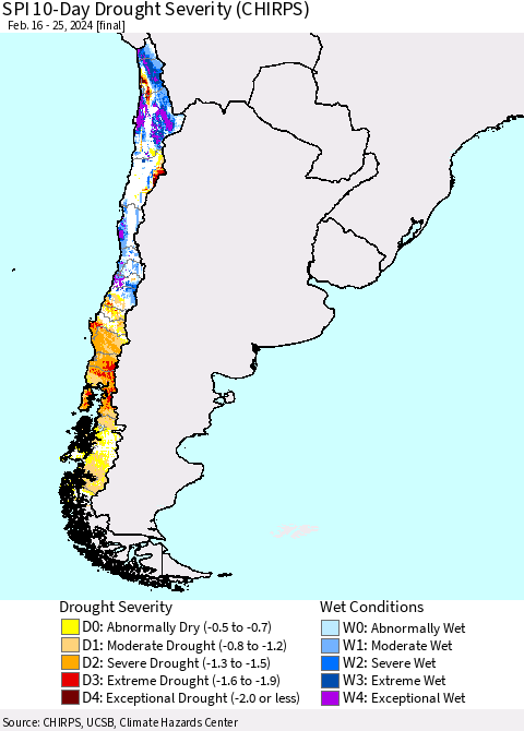 Chile SPI 10-Day Drought Severity (CHIRPS) Thematic Map For 2/16/2024 - 2/25/2024