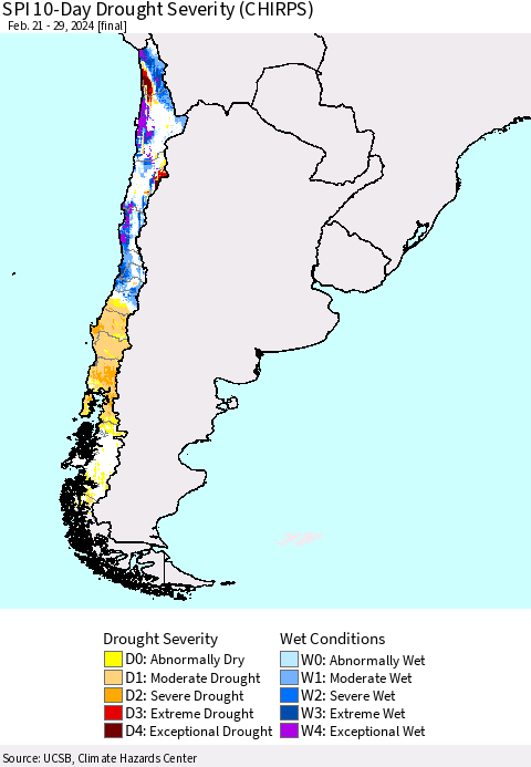 Chile SPI 10-Day Drought Severity (CHIRPS) Thematic Map For 2/21/2024 - 2/29/2024