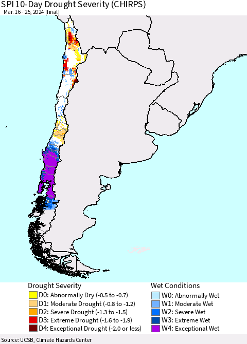 Chile SPI 10-Day Drought Severity (CHIRPS) Thematic Map For 3/16/2024 - 3/25/2024
