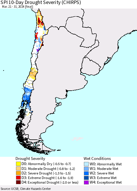 Chile SPI 10-Day Drought Severity (CHIRPS) Thematic Map For 3/21/2024 - 3/31/2024