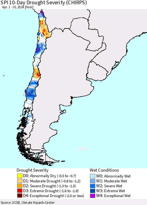Chile SPI 10-Day Drought Severity (CHIRPS) Thematic Map For 4/1/2024 - 4/10/2024