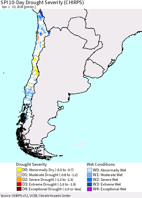 Chile SPI 10-Day Drought Severity (CHIRPS) Thematic Map For 4/1/2024 - 4/10/2024