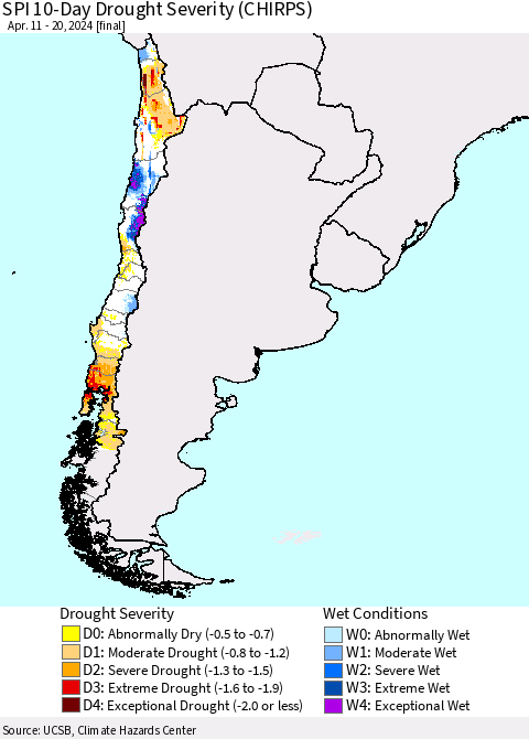 Chile SPI 10-Day Drought Severity (CHIRPS) Thematic Map For 4/11/2024 - 4/20/2024