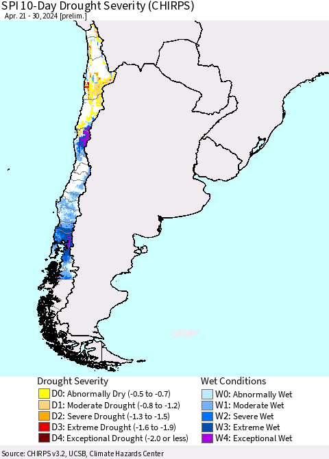 Chile SPI 10-Day Drought Severity (CHIRPS) Thematic Map For 4/21/2024 - 4/30/2024