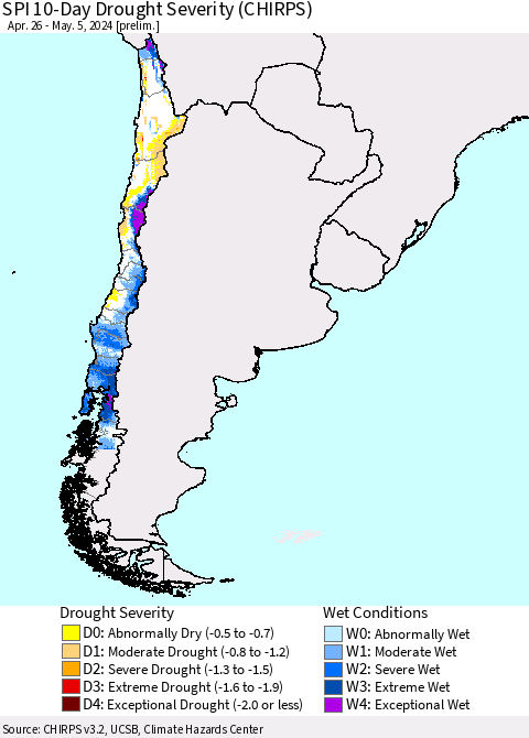 Chile SPI 10-Day Drought Severity (CHIRPS) Thematic Map For 4/26/2024 - 5/5/2024