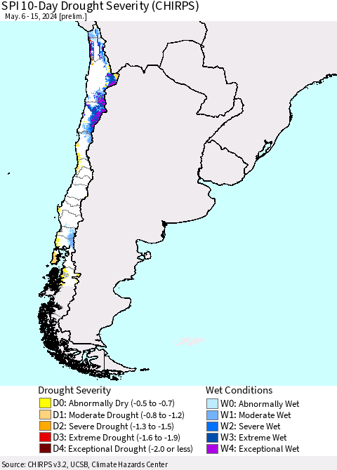 Chile SPI 10-Day Drought Severity (CHIRPS) Thematic Map For 5/6/2024 - 5/15/2024