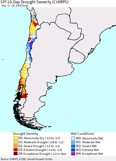 Chile SPI 10-Day Drought Severity (CHIRPS) Thematic Map For 5/11/2024 - 5/20/2024